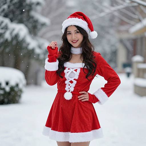 Photograph of an Asian woman with long black hair, wearing a red Santa dress with white fur trim, Santa hat, and red gloves, smiling in