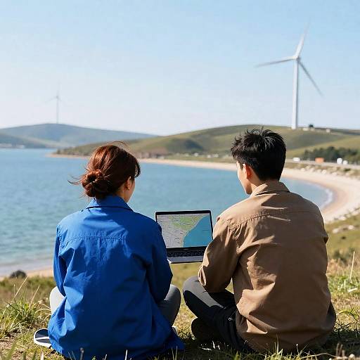 Couple on Hill with Laptop and Map
