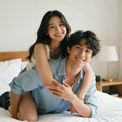 Photograph of a smiling Asian couple on a bed; she's sitting on his lap, both wearing casual clothes, white background.