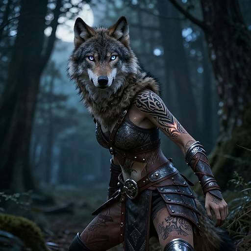 Digital art of a fierce, anthropomorphic wolf woman with glowing blue eyes, wearing dark, armored medieval attire in a misty forest.