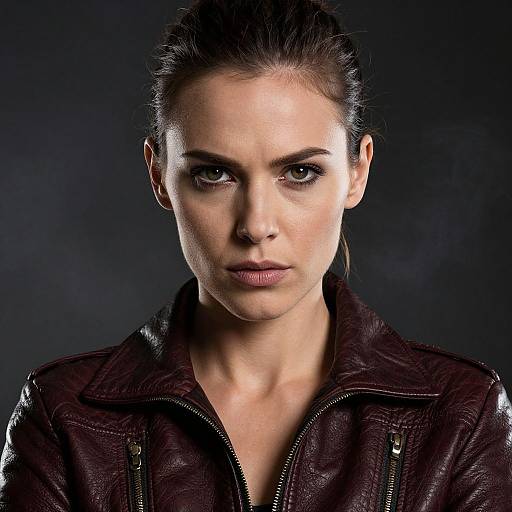 Photograph of a serious young woman with fair skin, dark brown hair in a bun, wearing a dark brown leather jacket, against a dark, sm