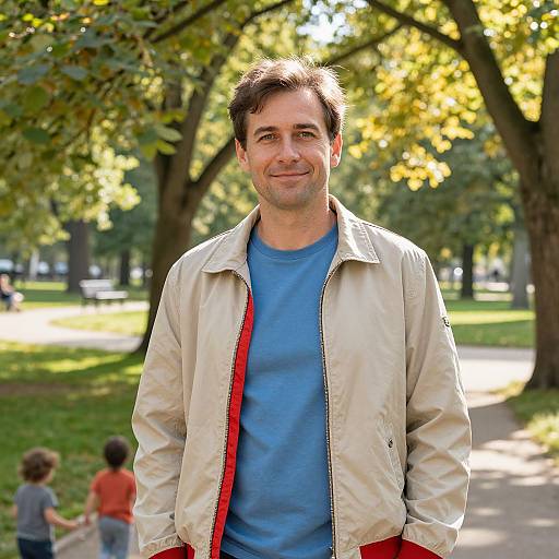 Photograph of a smiling middle-aged man with short brown hair, wearing a beige jacket over a blue shirt, standing in a sunlit park with trees