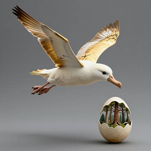 Photograph of a white bird with golden wing tips mid-flight, approaching a cracked egg containing a forest scene, against a gray background.