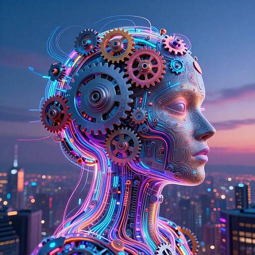 Digital art of a futuristic, cybernetic woman with gears and neon blue and pink wires in her head, set against a twilight cityscape.