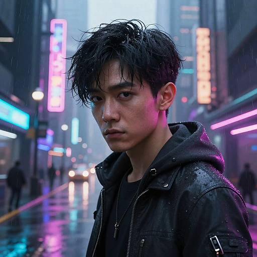 Photograph of a wet, serious-looking Asian man with messy black hair, wearing a black hooded jacket, standing in a neon-lit, rainy