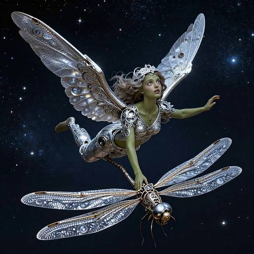 Digital art of a silver-winged fairy with intricate metallic armor, flying with a detailed dragonfly in a starry night sky.