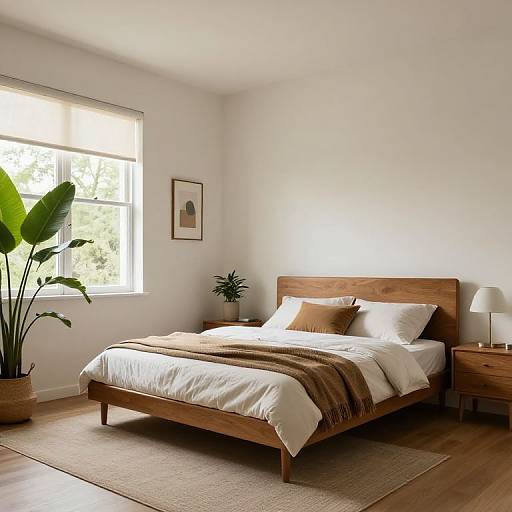 Minimalist bedroom photograph: wooden bed with white and brown bedding, potted plant, large window, wooden nightstand, framed art, light wood floor