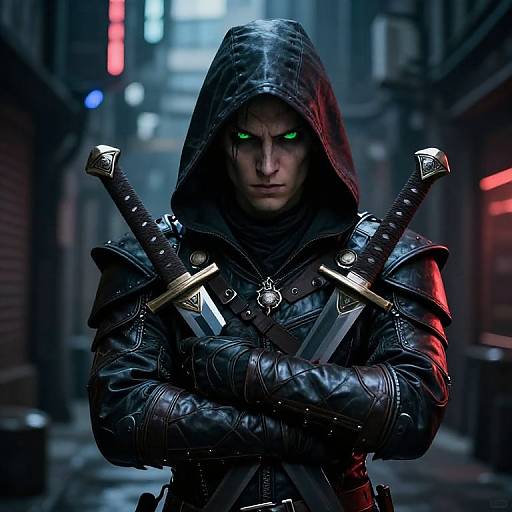 Digital art of a hooded, intense, green-eyed warrior with crossed swords, wearing black leather armor, standing in a dark, neon-lit alley