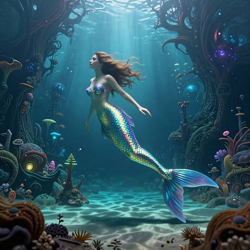 Digital art of a shimmering mermaid with a rainbow-scaled tail, floating gracefully in a vibrant, underwater fantasy forest.