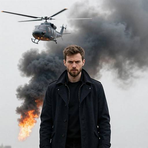 Intense Man Amidst Dark Smoke and Flames