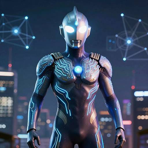 CGI image of a futuristic, glowing, humanoid robot with a metallic, silver helmet and blue neon accents, standing in a cityscape at night.