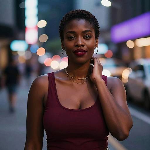 Photograph of a confident black woman with short, curly hair, wearing a maroon tank top and gold necklace, standing on a blurred, illuminated urban