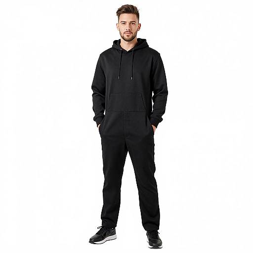 Photograph of a young man with short brown hair and light beard, wearing a black hooded sweatshirt and black pants, standing with hands in pockets