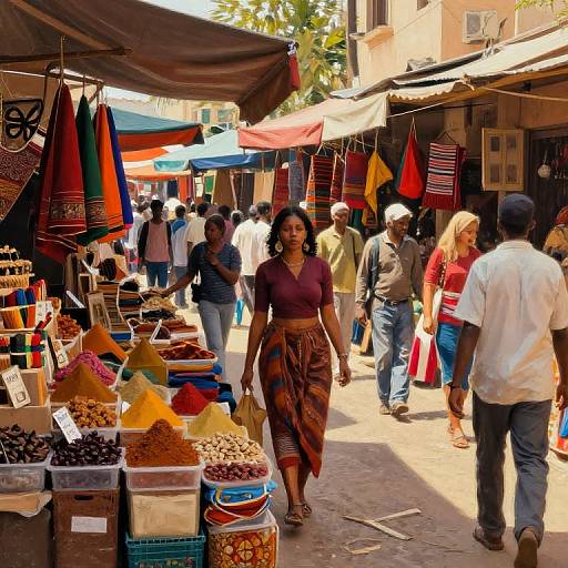 Photograph of a vibrant outdoor market with diverse shoppers, colorful textiles, and various goods under shaded stalls on a sunny day.