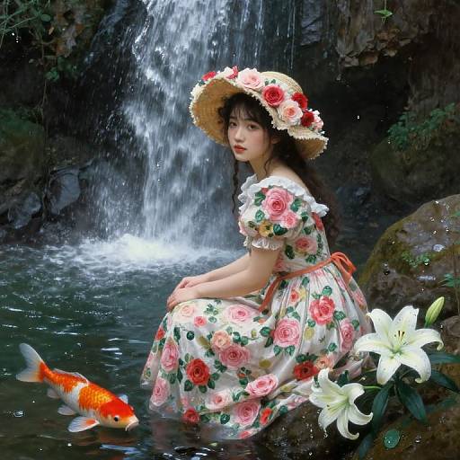 Digital art of an Asian woman in a floral dress and straw hat with roses, sitting by a waterfall, with a goldfish and white lilies.