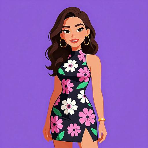 Digital illustration of a smiling woman with long dark hair, wearing a black floral dress, large hoop earrings, and a gold bracelet, set against a purple