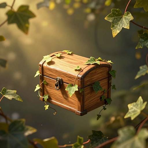 Photorealistic digital art of a wooden, ivy-covered treasure chest hanging among sunlit, green leaves in a softly blurred forest background.