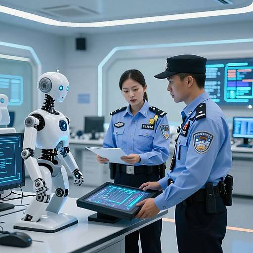 Photograph of two Asian police officers and a white humanoid robot in a futuristic control room, reading documents and interacting with a touchscreen.