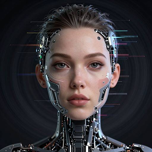 CGI portrait of a young woman with cybernetic enhancements, featuring intricate metallic circuitry on her face and neck, against a dark, circular background