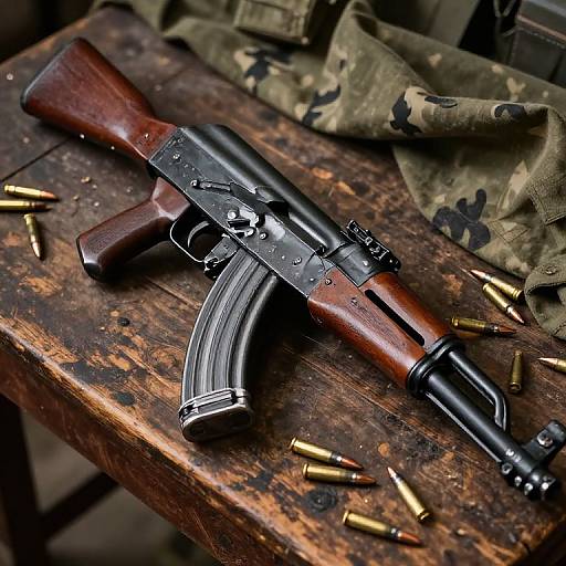 Photograph of a vintage wooden-stock submachine gun with black metal components and silver accents, surrounded by scattered brass bullets on a rustic, weathered wooden