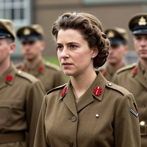 Photograph of a young woman with fair skin, brown hair in a 1940s-style updo, wearing a brown military uniform with red flower
