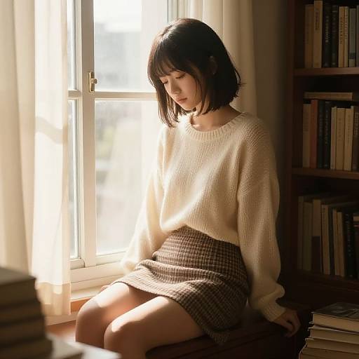 Anime Girl Sitting by Window in Cozy Room