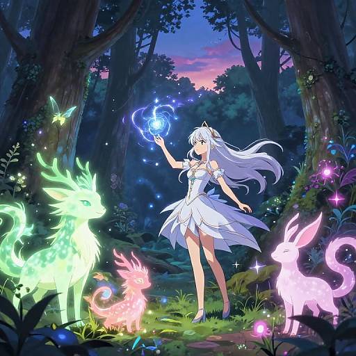 Digital anime artwork of a white-haired girl in a white dress, casting a blue magical spell in a dark, enchanted forest surrounded by glowing, colorful creatures