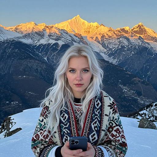 Photograph of a blonde woman with blue eyes, wearing a patterned sweater, holding a camera, against a snowy mountain backdrop with sunlit peaks.