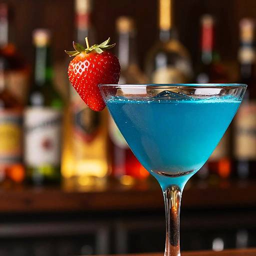 Photograph of a vibrant blue cocktail in a martini glass, garnished with a fresh strawberry, set against a blurred bar background with various bottles.