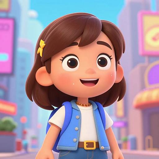 CGI cartoon girl with brown bob, yellow hair clip, blue vest, white shirt, smiling in vibrant, neon-lit city street.