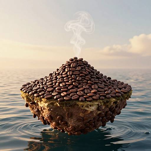 Photograph of a coffee bean-covered island floating on calm water, with a wisp of steam rising, under a bright sky.