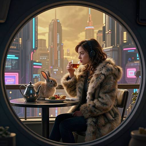 Photograph of a woman in a fur coat, sipping tea, with a rabbit on a table, framed by a cityscape window.