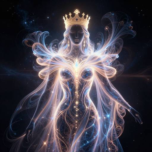Digital artwork of a glowing, ethereal queen with flowing, luminous hair, golden crown, and starry, cosmic background, emanating light and