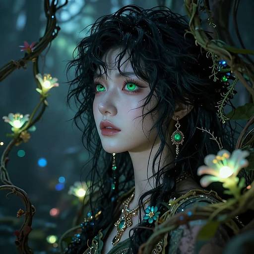 Digital artwork of a pale-skinned, green-eyed woman with black, wavy hair, adorned with glowing flowers and jewelry, surrounded by ethereal,