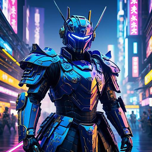 Futuristic Robot Samurai in Cyberpunk City
