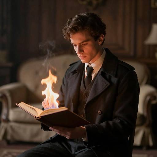 Mystical Man Conjuring Flames in Vintage Room