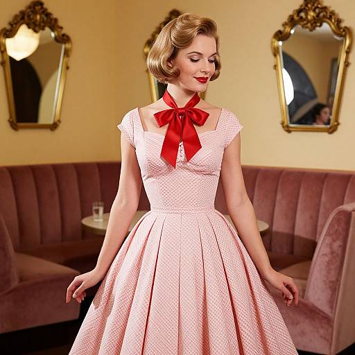Vintage-style photograph of a fair-skinned woman with short, blonde hair, wearing a pink polka dot dress with a red bow, standing in a