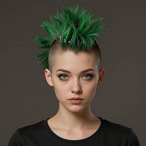 Photograph of a pale-skinned, androgynous young person with bright green, spiky hair, shaved sides, large green eyes, and