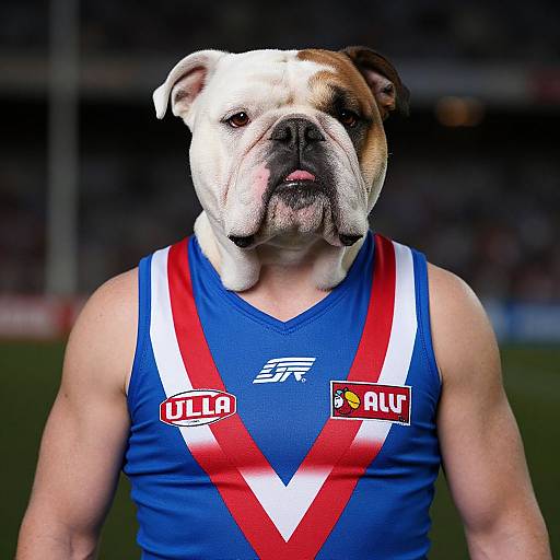 Photograph of a muscular, white-and-brown bulldog wearing a blue Australian Rules football jersey with red and white stripes, logos, and 