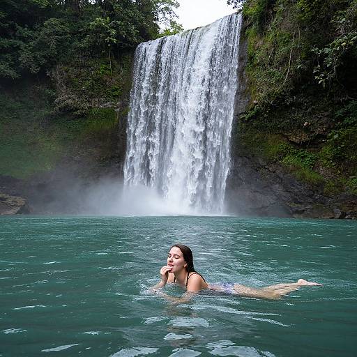 Photograph of a woman with dark hair and sunglasses, floating in a turquoise pool, in front of a tall, cascading waterfall surrounded by lush green