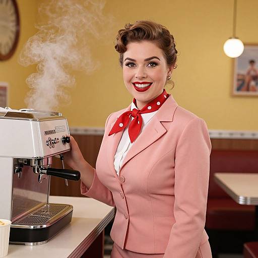 Vintage-style photograph of a smiling woman with dark hair in a pink suit, red polka dot scarf, and red lipstick, standing beside a steaming
