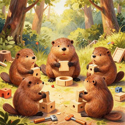 Whimsical Beavers Crafting Wooden Toys