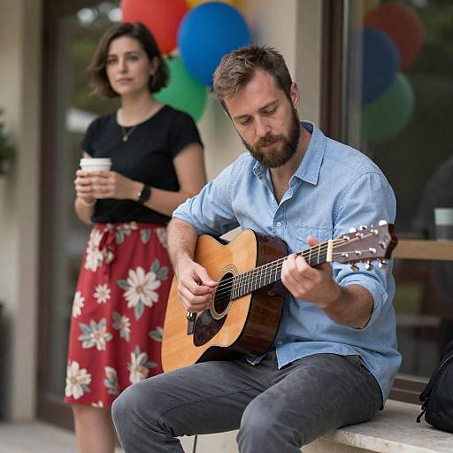 Man Playing Guitar with Woman in Garden