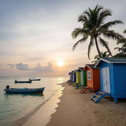 Photograph of colorful beach huts lining a sandy shore at sunset, with palm trees, small boats, and a serene ocean.