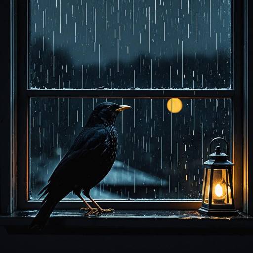 Blackbird on Windowsill in Rainy Night