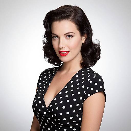 Photograph of a fair-skinned woman with vintage-style black wavy hair, wearing a black polka dot dress with a deep V-neck, and