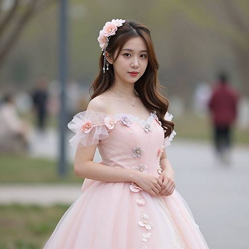 Photograph of an East Asian woman with long brown hair, wearing a pastel pink, off-shoulder floral dress, standing in a blurred park