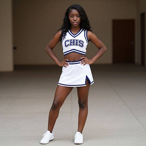 Photograph of a tall, dark-skinned Black cheerleader with long curly hair, wearing a white and black 