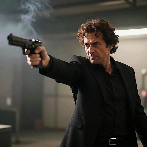 Intense Man in Suit Aiming Gun