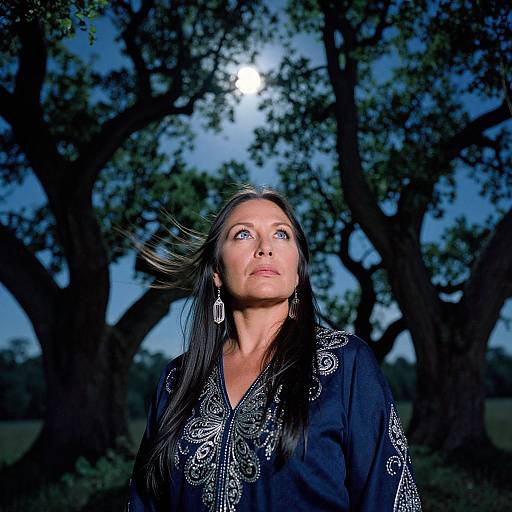 Photograph of a woman with long black hair, wearing an ornate black blouse, looking upwards at the moon, surrounded by dark, silhouet
